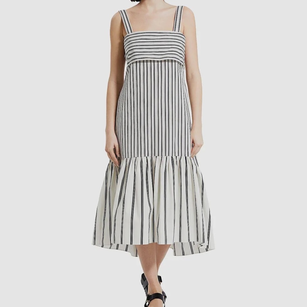 Theory Navy and White Striped Midi Dress